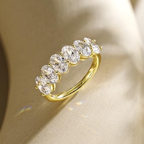 LUCA SMITH 0.5CT CZ Wedding Bands for Women 14K Gold Plated 6-Stone Oval Cut AAAAA Cubic Zirconia Simulated Diamond Stackable Half Eternity Engagement Promise Anniversary Ring for Her Size 6-104