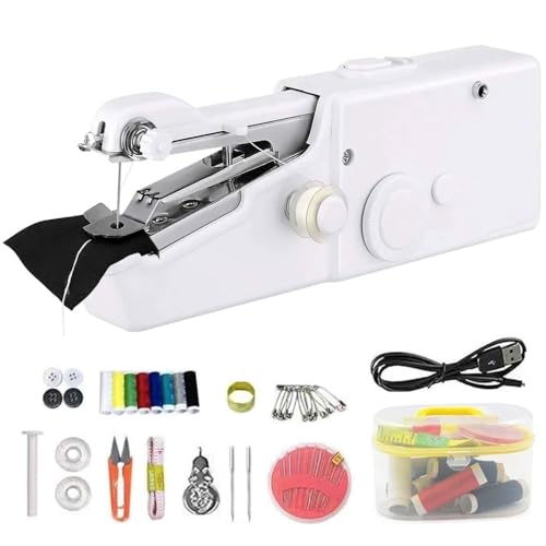 Elektrische mini-handnaaimachine, draagbare elektrische naaimachine, handnaaimachine met naai-accessoires, licht en eenvoudig voor beginners, ideaal voor kleding, gordijnen, doe-het-zelf, reizen (wit)