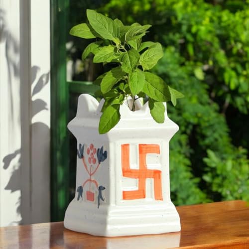 Image of ecofynd 6 inches Tulsi Ceramic Plant Pots, Small Clay Flower Pot, Decorative Modern Indoor Planters, Home Garden Decor for Living Room Bedroom Interior (CPOT016-IVR)