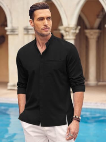 Image of Mens Casual Button Down Shirt | Cotton Luster Long Sleeves Shirts | Mandarin Collared Shirts
