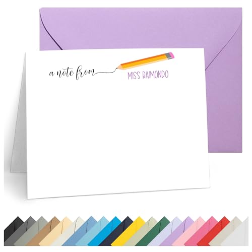 Personalized Stationery Teacher Note Cards with Envelopes – Custom Minimalist Name Thank You Cards, 12 Folded Note Cards & Colored Envelopes – Crush-Resistant Gift Packaging (Writing Pencil)