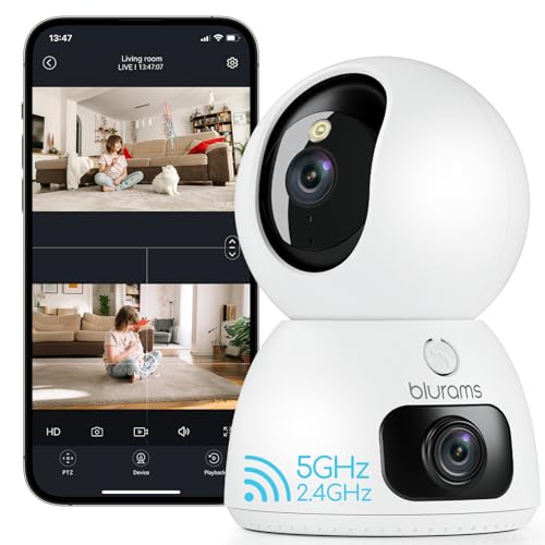 blurams 2k Telecamera Wi-Fi Interno con Doppia Lente, Videocamera Sorveglianza Interno Wi-Fi con 360°, One-Touch Call, Visione Notturna A Colori, Archiviazione Cloud O Locale, 5GHz/2.4GHz
