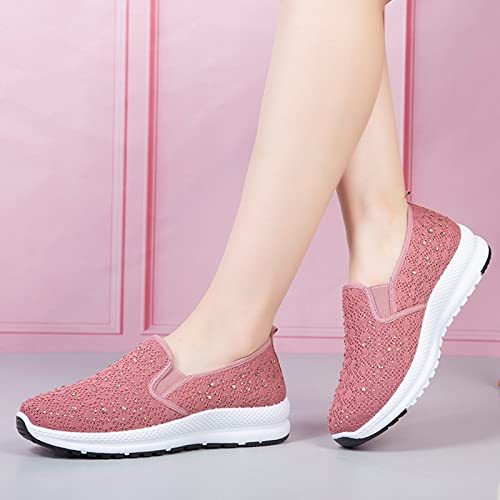 Purchawee Women Mesh Rhinestones Slip On Walking Shoes Sneakers,Casual Comfort Breathable Lightweight Good Arch Support Flat Nurse Shoes (8,Pink,8) #TOP3