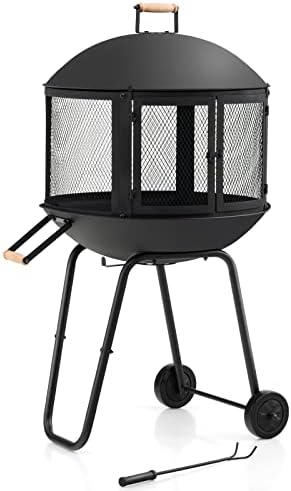 Tangkula Portable Fire Pit with Wheels, 28 Inch Wood Burning Fire Pit with Log Grate, Poker, Rolling Patio Fireplace Wooden Bonfire Firepit for Outdoor Entertaining Black
