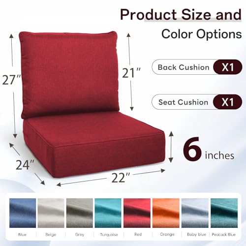 Image of Luxury 6 inch Thick Outdoor Cushion Set 5-22x24 Patio Furniture Cushions with 28D High-Density Foam, Water-Resistant & Fade-Resistant Fabric, Removable Covers for Patio Furniture Sofa Couch -Red