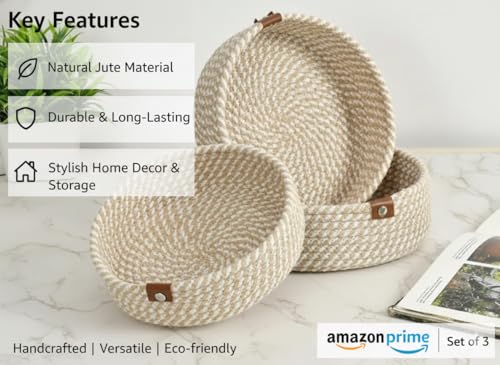 Image of Handmade Jute Cotton Storage Baskets Set of 3 for Dining Table, Fruit Basket & Roti Bowl, Cane Style Organizer for Kitchen, Home Decor, Washable Multipurpose (WhiteBeige)