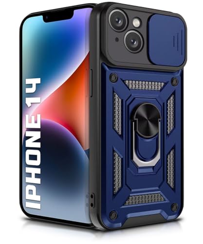 Image of WOW IMAGINE Tough Armor Bumper Mobile Back Case for iPhone 14 | Sliding Camera Shield Cover | Shock Proof 360 Protection | Hybrid PC + TPU | Ring Holder with Kickstand - Blue