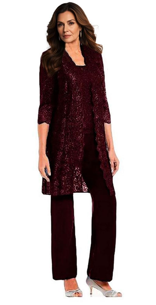 Botong Lace Mother of the Bride Pants Suit Chiffon Wedding Outfit for Women Formal Evening Party Pant Suit Burgundy 20