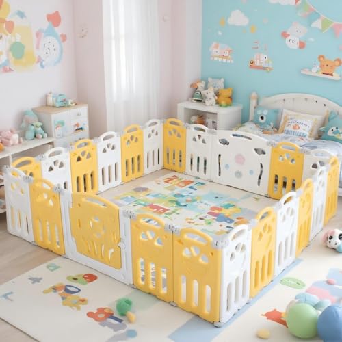 Image of FAHKNS 55x55x24in Babycare Playpen, Foldable Playpen with 14 Panels for Babies and Toddlers, Adjustable Baby Fence, Safety Play Yard with Gates for Indoor and Outdoor Play