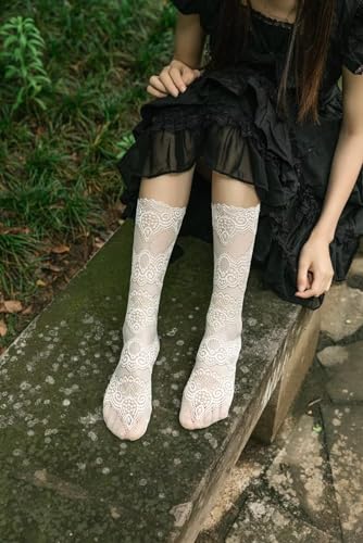 Image of Womens Lace Cotton Socks Transparent Mesh Ruffle Dress Calf Socks