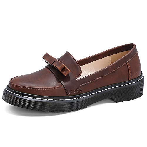 Odema sapato feminino de salto baixo Oxford bico redondo sem cadarço, Marrom, 10.5