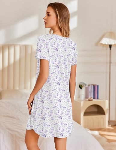 Image of Ekouaer Nightgowns for Women Pleated Sleep Shirts Short Sleeve Night Shirts Lace Trim Night Gown Ladies Sleep Dress