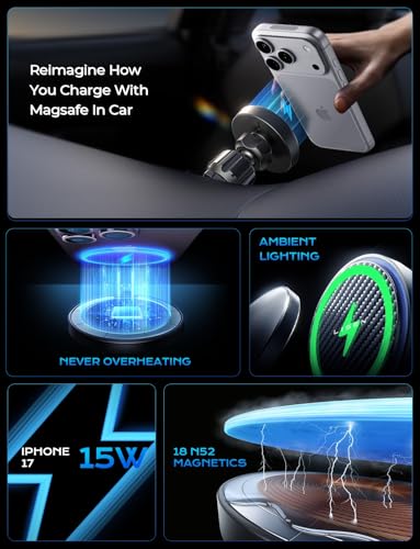 Image of LISEN 15W MagSafe Car Mount Charger,[Carbon Fiber] Magnetic Wireless Car Charger, Dashboard & Air Vent Car Phone Mounts, Magnetic Phone Holder for Car Mount for iPhone 17 /16 /15 /14 /13 /12, Samsung Pixel | Carbon Fiber 15W Magsafe Car Mount Charger, 2 in 1 Dashborad & Vent Wireless Car Charger, Car Accessories for Men
