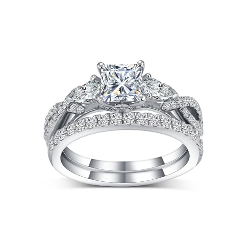 2 Carat(ctw) Princess-Cut Moissanite Engagement Rings Sets for Women,925 Sterling Silver 3 Stones Infinity Wedding Rings Sets,Bridal Ring Set for Anniversary Birthday
