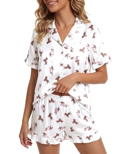 Image of Umenlele Women's 2 Piece Satin Pajama Set Cute Ruffle Short Sleeve Button Down Shirt with Shorts Summer Pjs