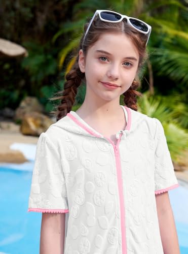 Image of BesserBay Girls Summer Beach Quick Dry Cover Up Ruffle Hem Terry Smocked Hooded 4-14 Years with Pockets