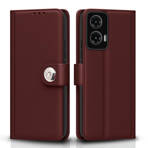 Image of Pikkme Flip Cover Leather Finish | Inside TPU with Card Pockets | Wallet Stand and Shock Proof | Complete Protection Button Flip Case for Moto G35 5G(Brown)