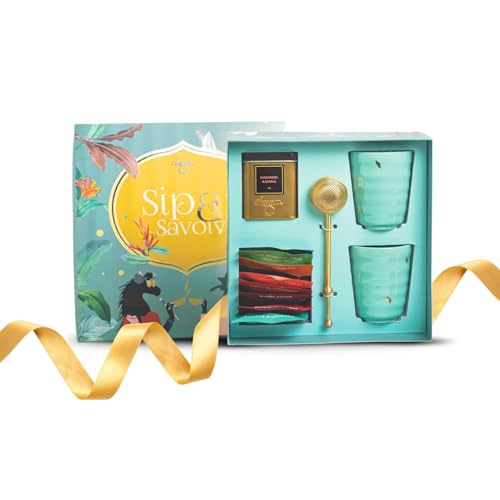 Image of CHAYAM Luxury Tea Gift Hamper | 10 Assorted Tea Bags, Kashmiri Kahwa, 2 Premium Kulhad Cups & Brass Infuser | Gift Pack for Family and Friends | Anniversary, Wedding, Birthday & Festive Gift Box