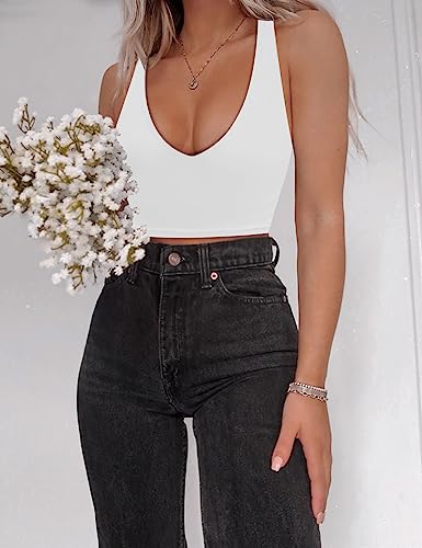 SAUNGKUAI Women’s Summer Slim Fitted Sexy Deep V Neck Sleeveless Backless Double Lined Crop Tank Tops3