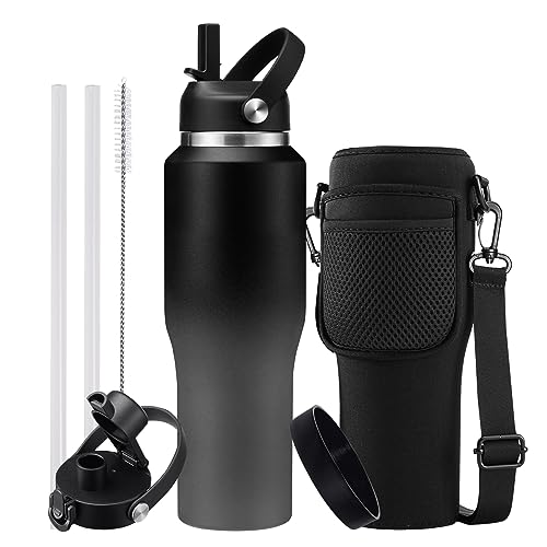 Image of Metal Water Bottle fits-in Cup Holder 32oz, Stainless Steel Vacuum Flask with Straw & Pop-up Chug Lid, Leak Proof Wide Mouth Thermo Keep Cold-48h & Hot-24 for Women Men