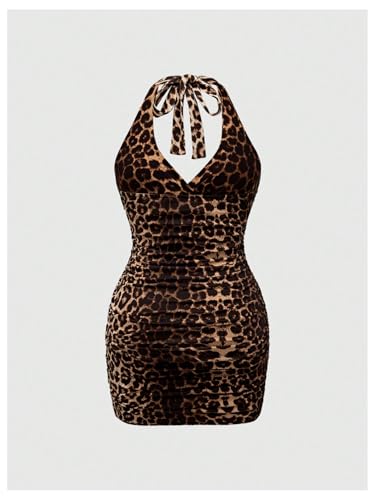Women's Plus Size Leopard Halter Dress Y2k Cheetah Tie Backless Bodycon Sexy Mini Dress2