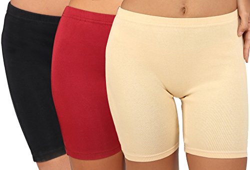 Image of Bralux Cycling Shorts for Women, Girls with Cotton Spandex Set of 3 - Multi Colour Rib Shorts
