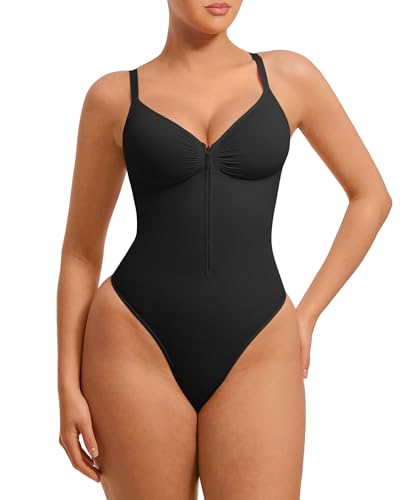 FeelinGirl Shapewear Bodysuits Tummy Control for Women: Seamless Zip-Up Thong Snatched Waist Body Suit V Neck Body Shaper Black X-Large