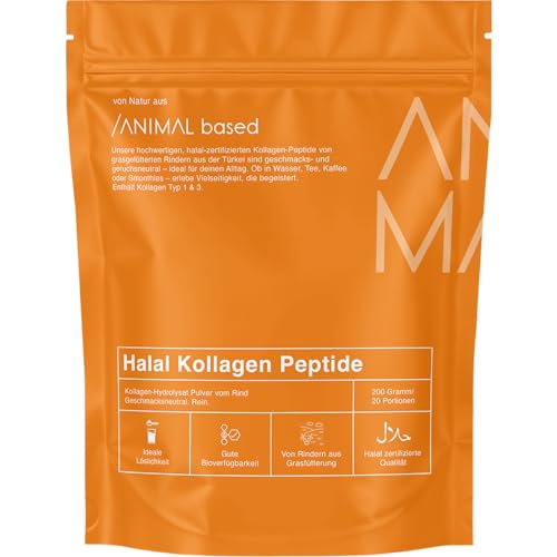 Halal Kollagen Pulver [200g] hydrolysiertes Kollagen Typ 1 & 3 mit 2000 Dalton Grasgefütterte Rinder aus der Türkei Collagen Halal 20 Portionen als Protein Coffee