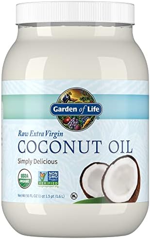 Garden of Life Raw Extra Virgin Organic Coconut Oil for Hair, Skin, Cooking, 110 Servings - Pure Unrefined Cold Pressed Oil with MCTs for Body Care or Baking, Aceite de Coco Organico, 56 Fl Oz