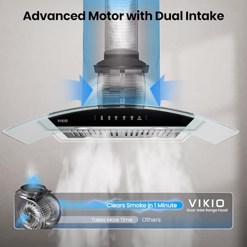 Image of VIKIO HOME 30 inch Island Mount Range Hood, 1200 CFM Upgraded Range Hood, Ducted Vent Hood with 3 Speed Fan and 4 LED Lights, Gesture Sensing&Touch Control, Stainless Steel& Tempered Glass