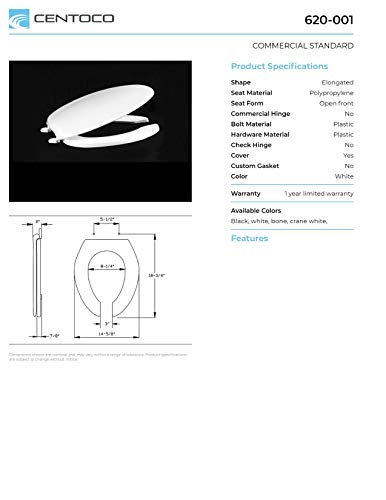 Centoco 620-001 Elongated Plastic Toilet Seat, Open Front With Cover, Heavy Duty Hinge, Regular Duty Residential Or Light Weight Commercial Use, White #TOP2