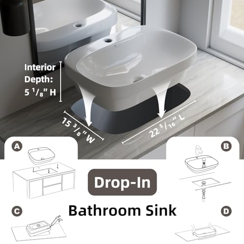 Image of 24″W x 17″D Drop In Bathroom Sink, Los Flexi White Rectangular Semi Recessed Bathroom Vessel Sink with Pop-Up Drain Kit, Single Faucet Hole, Above Counter Basin for Bathrooms