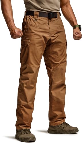 CQR Mens Flex Ripstop Tactical Pants Water Resistant Stretch Cargo Pants Lightweight EDC Hiking Work Pants Marauder Copper Brown 44W x 30L
