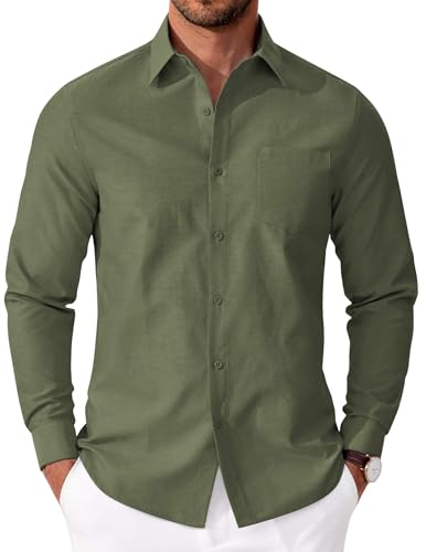 COOFANDY Mens Long Sleeve Oxford Shirt Soild Button Up Cotton Shirts Casual Work Shirts with Pocket Army Green