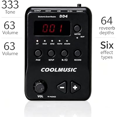 COOLMUSIC DD4 Eight Piece Electronic Drum Kit with Realistic Kick Pedal, Easy Assemble Rack and Drum Module including 50 Kits, USB and Midi connectivity