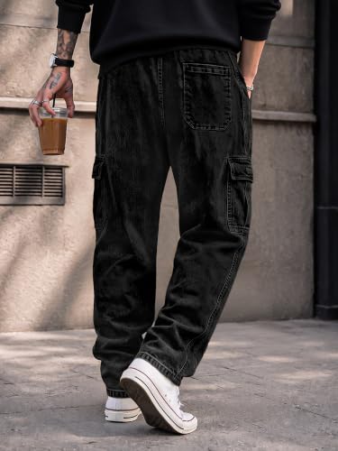 Image of JMIERR Men's Stretch Cargo Jeans Loose Straight | Over 60% Cotton Blend, Stretch Denim, Drawstring Waist, 5-Pocket Design, Loose Straight Fit, Casual Workwear Jeans