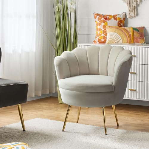Image of HULALA HOME Modern Velvet Accent Chair with Shell Shaped Back, Cute Living Room Bedroom Armchair Sofa Chair with Gold Legs, Comfy Upholstered Vanity Chair for Makeup Room, Tan