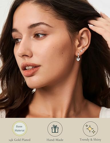 Florideco 4 Pairs 14K Gold Plated Hoop Earrings for Women, Hypoallergenic 925 Sterling Silver Earrings Set, Gold Hoop Charm Huggie Leaf Rhombus Heart Earrings for Women Trendy, Tiny Earring Stacks for Cartilage2