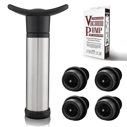 Wine Saver Vacuum Pump with 4 Wine Stoppers, Wine Bottle Stoppers with Food Grade Silicone Leak proof Keep Fresh Suitable for All Standard Wine Bottles