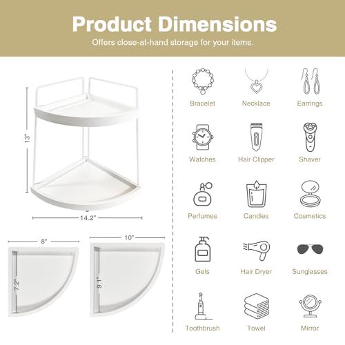 Forbena White 2 Tier Corner Bathroom Counter Organizer, Bathroom Countertop Shelf Organizer for Kitchen Sink, 2 Tier Makeup Vanity Tray for Dresser Tops Decor, Corner Shelf for Girls Bedroom (White)