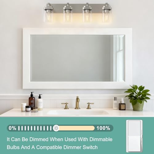 Image of Brushed Nickel Bathroom Light Fixtures, 4 Lights Bathroom Lighting Fixtures Over Mirror, Square Design & Rectangle Large Backplate, Modern Vanity Lighting Fixtures, for Living Room /Bedroom
