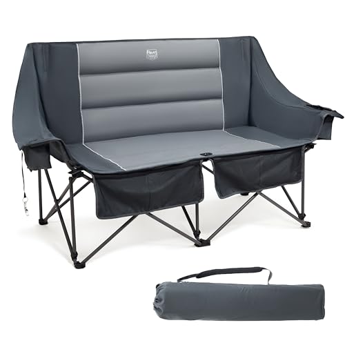 TIMBER RIDGE Double Camping Chair for Adults, Folding Padded 320kg Camping Sofa 2 Seater with Cup Holder & Bottle Opener, Heavy Duty Oversized Outdoor Love Seat Camp Couch for Garden Picnic, Grey