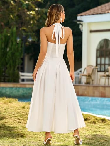 Image of KUTUMAI Summer Floral Corset Midi Dress Halter Smocked Sundress Flowy A Line Beach Wedding Guest Dresses for Women 2025
