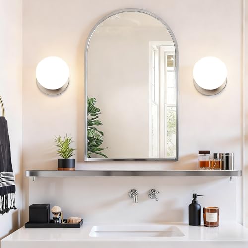 Image of 2 Pack Modern Brushed Nickel Wall Light Fixtures, Mid-Century Globe Glass Wall Sconces Set of Two for Bathroom Mirror, Living Room, Hallway, Entryway (Bulbs Not Included)