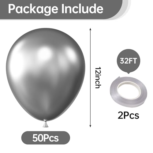 Image of KALOR 12 Inch Metallic Silver Balloons, 50 Pcs Latex Helium Metallic Balloons for Kid's Birthday Party, Baby Shower, Wedding, Graduate Party Decorations