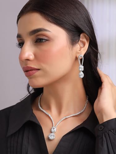 Image of Yellow Chimes Jewellery Set for Women and Girls American Diamond Jewellery Set | Rosegold Rhodium Plated AD Necklace Set for Women | Birthday Gift for Girls & Women
