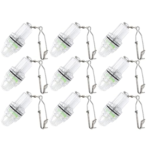 Sxminer 10 Pack LED Fishing Light Deep Drop Underwater Fishing Lights Super Bright LED Green Fishing Lights with Stainless Steel Long Line Clip Fish Attracting Light for Swordfish Tuna Grouper 2100 ft