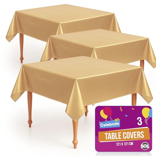SOL 3pk Gold Disposable Tablecloths 121x121cm. Durable Plastic Cover for Parties, Weddings, Anniversaries, Retirement, Birthdays, Gala Dinners, Christmas & New Year – Waterproof, Easy Clean & Elegant