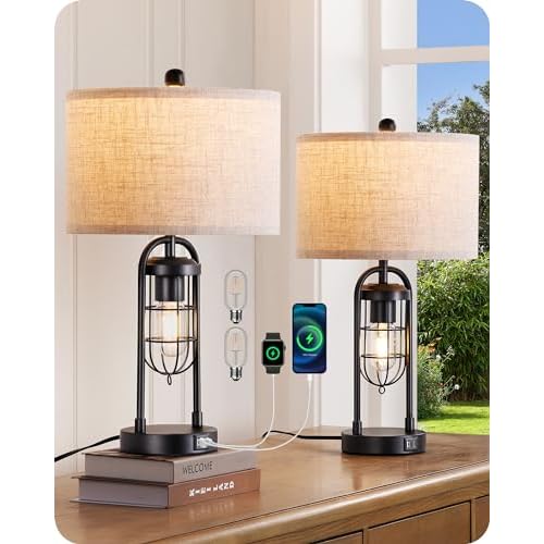 EDISHINE 25.6" Tall Table Lamp with Night Light, Farmhouse Bedside Lamp Set of 2 with USB Charging Ports, Touch 3-Way Dimmable Nightstand Lamp for Living Room, Bedroom, Home Decor Minimalist