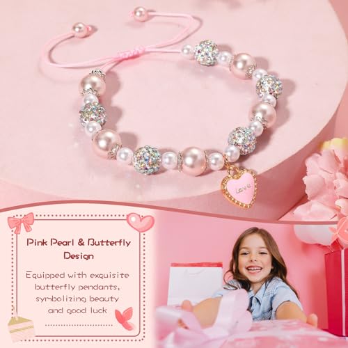 Artlunar Pink Pearl Butterfly Bracelet for Girls, Adjustable Sliding Knot (5.2”-9”) Stainless Steel & Pearl Charm – Kids Birthday Gift Jewelry for Daughter, Granddaughter, Niece2